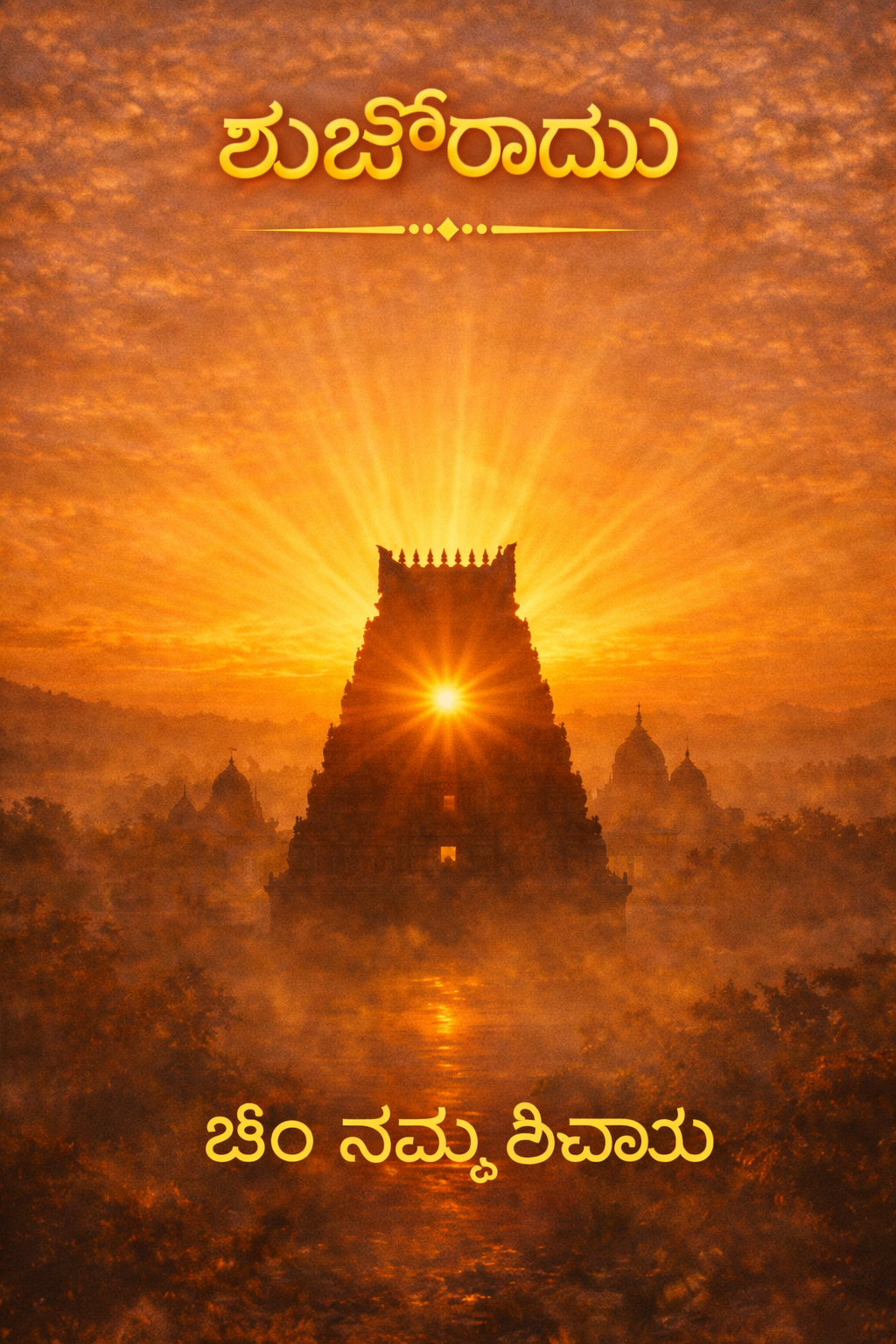 Shubhodaya Kannada good morning — sunrise over South Indian temple gopuram silhouette, Om Namah Shivaya text in Kannada — vertical WhatsApp image